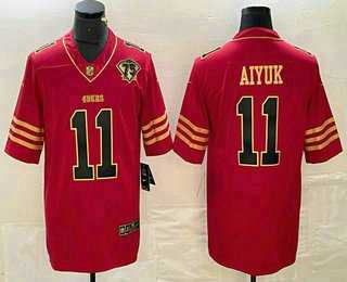 Mens San Francisco 49ers #11 Brandon Aiyuk Red 75th Patch Golden Edition Stitched Nike Limited Jersey
